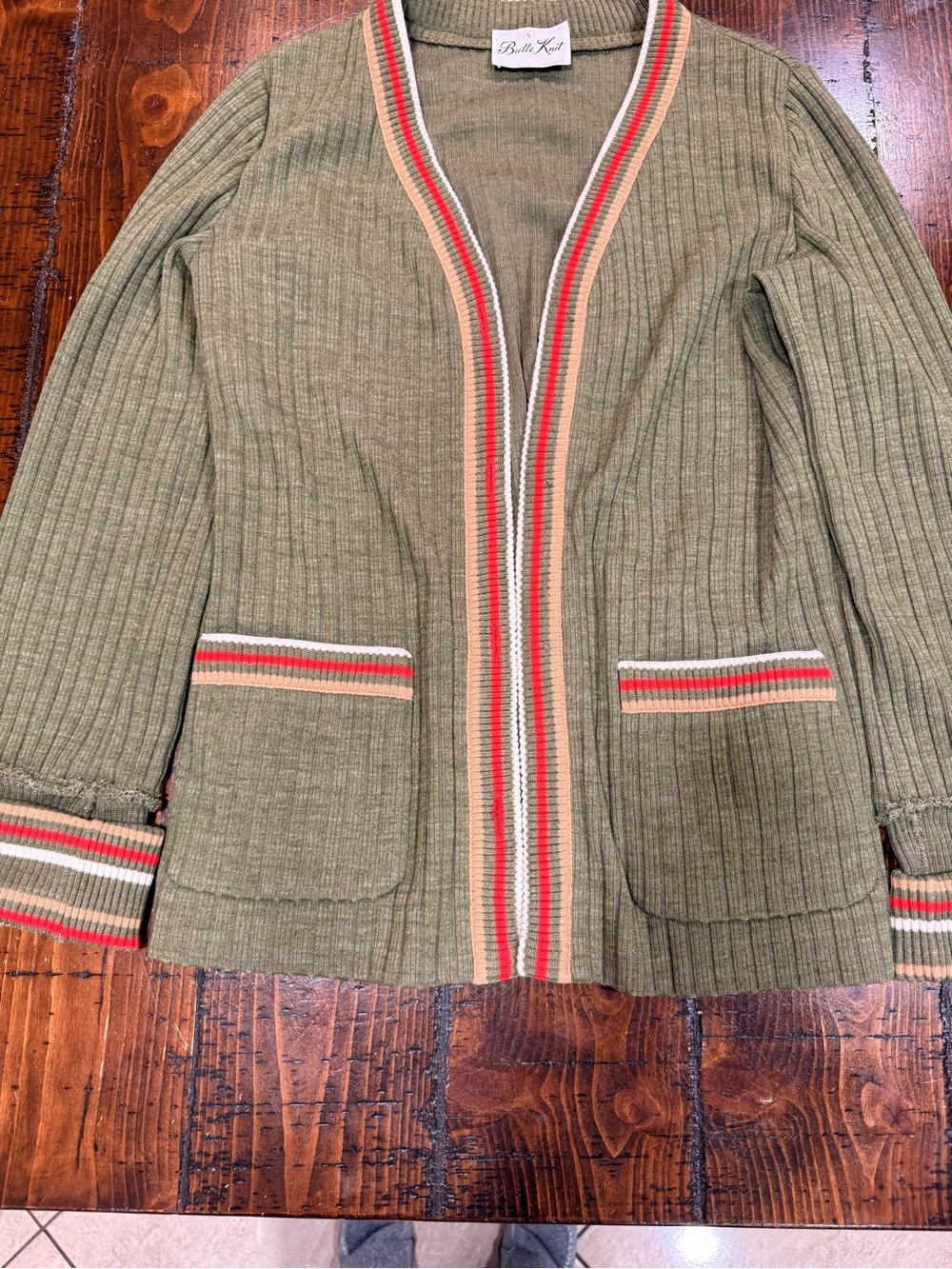 Vtg 60’s 70’s Butte Knit Cardigan Olive Green Stripe Trim Open Front